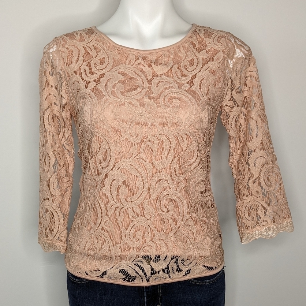 NWT Adrianna Papell blush pink/peach lace 3/4 sleeve top S
